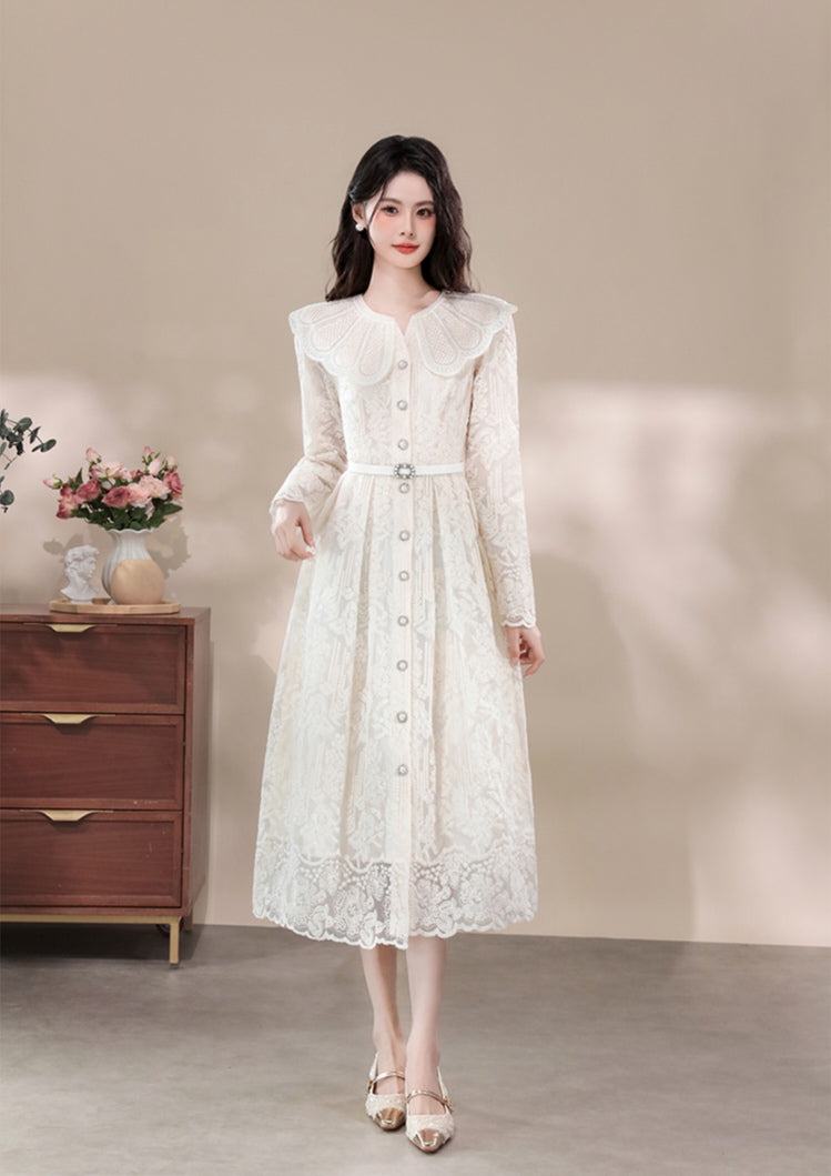 Retro Lace Maxi Dress with Oversized Ruffle Collar and Belt