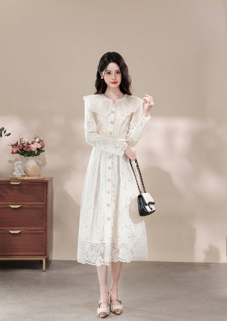 Retro Lace Maxi Dress with Oversized Ruffle Collar and Belt