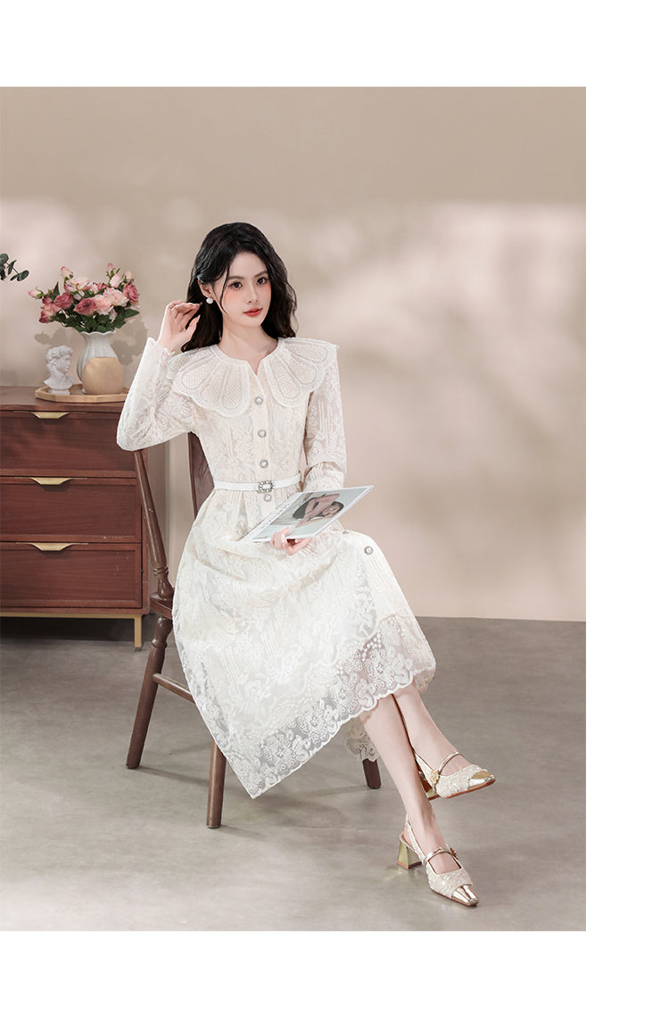 Retro Lace Maxi Dress with Oversized Ruffle Collar and Belt
