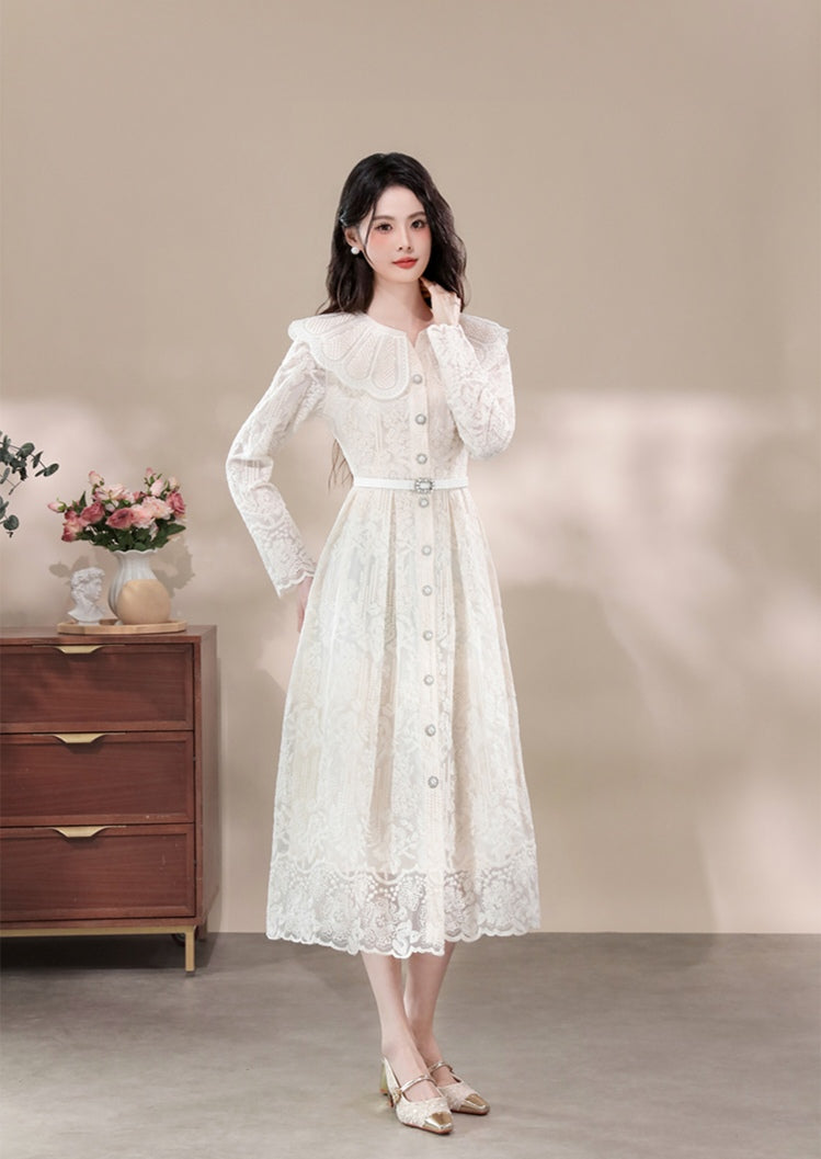Retro Lace Maxi Dress with Oversized Ruffle Collar and Belt