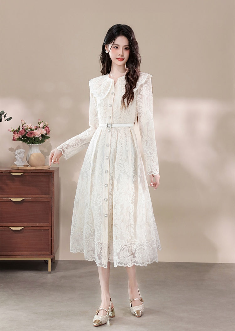 Retro Lace Maxi Dress with Oversized Ruffle Collar and Belt