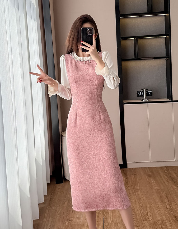 Elegant Pink Pearl Collar Midi Dress