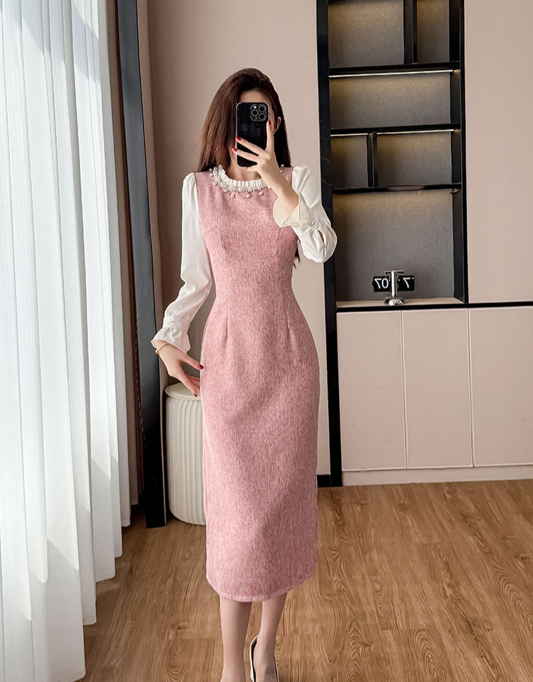 Elegant Pink Pearl Collar Midi Dress