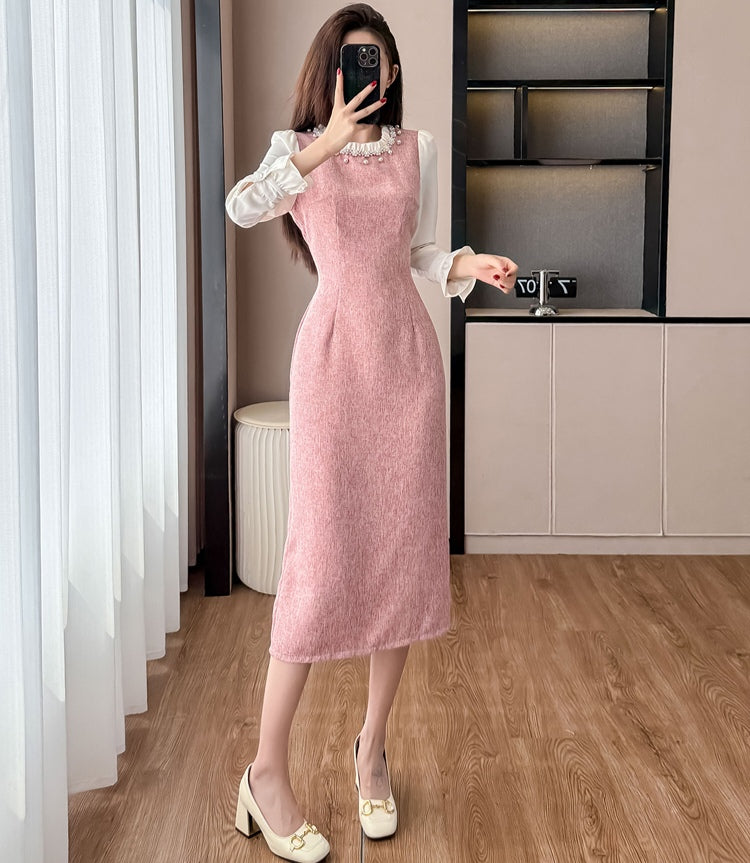 Elegant Pink Pearl Collar Midi Dress