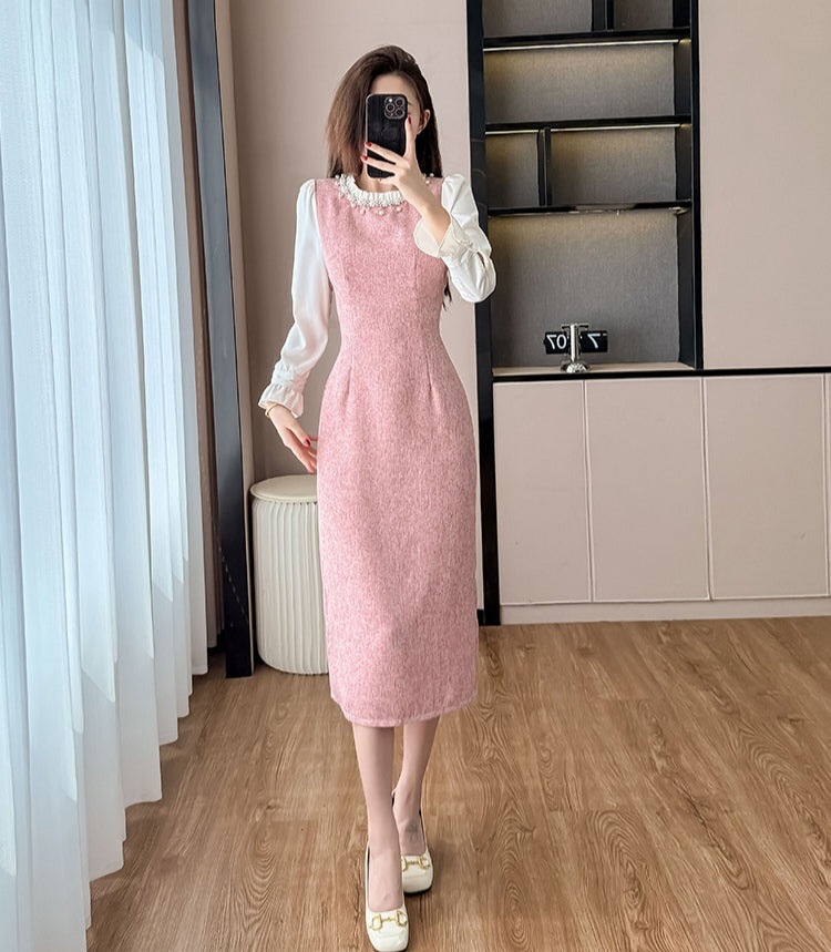 Elegant Pink Pearl Collar Midi Dress