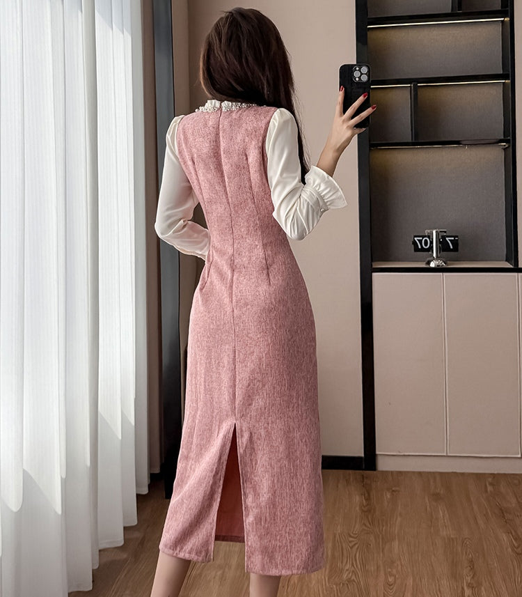 Elegant Pink Pearl Collar Midi Dress