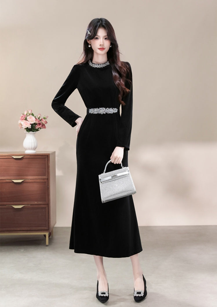 Elegant Black Velvet Dress with Rhinestone Accents and Long Sleeves