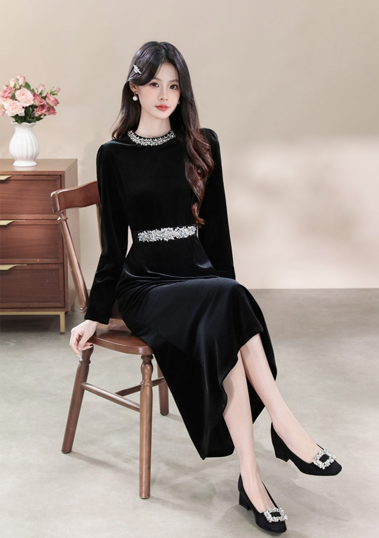 Elegant Black Velvet Dress with Rhinestone Accents and Long Sleeves