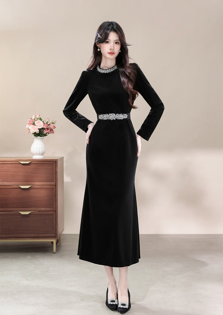 Elegant Black Velvet Dress with Rhinestone Accents and Long Sleeves