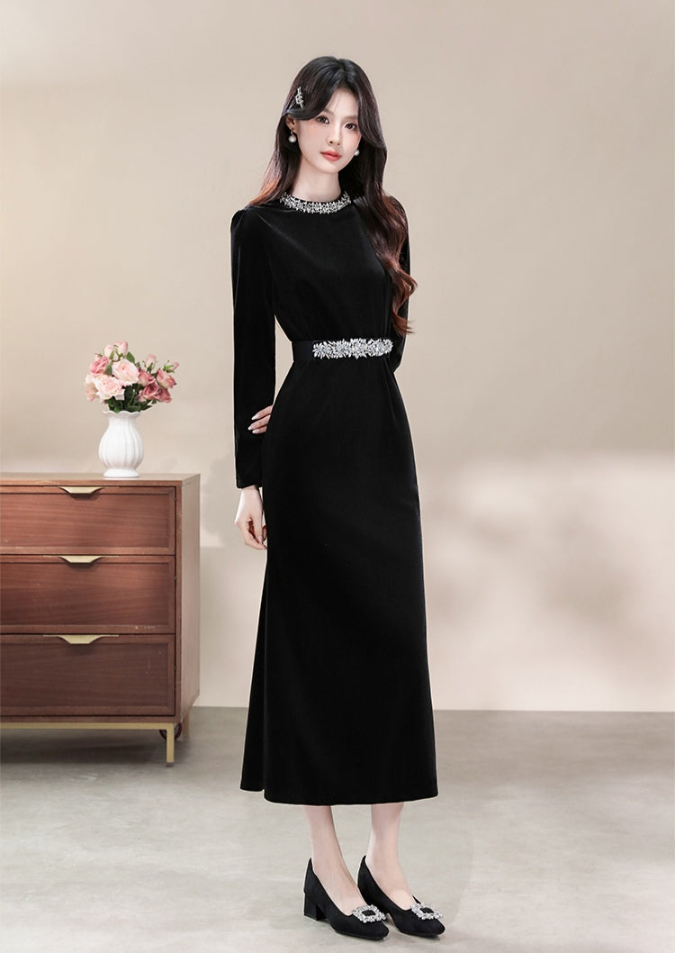 Elegant Black Velvet Dress with Rhinestone Accents and Long Sleeves