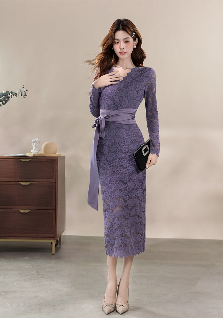 Elegant Cocktail Lace Sheath Dress with V-Neck and Sash Belt