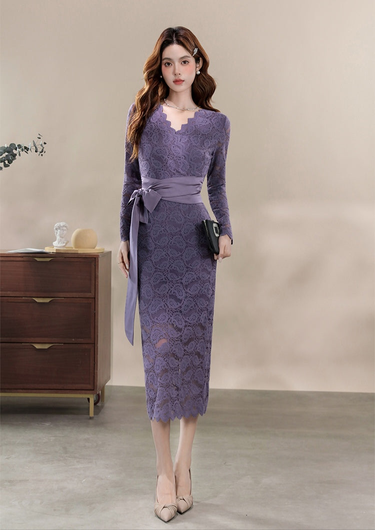 Elegant Cocktail Lace Sheath Dress with V-Neck and Sash Belt