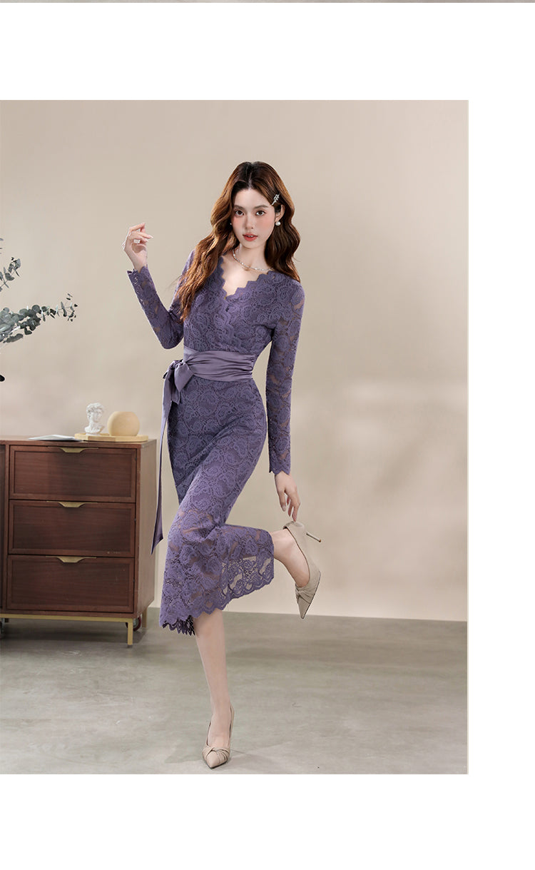 Elegant Cocktail Lace Sheath Dress with V-Neck and Sash Belt