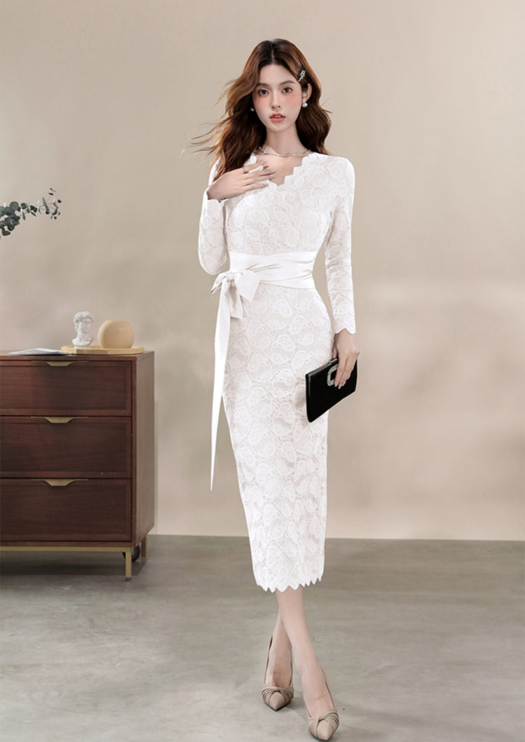 Elegant Cocktail Lace Sheath Dress with V-Neck and Sash Belt