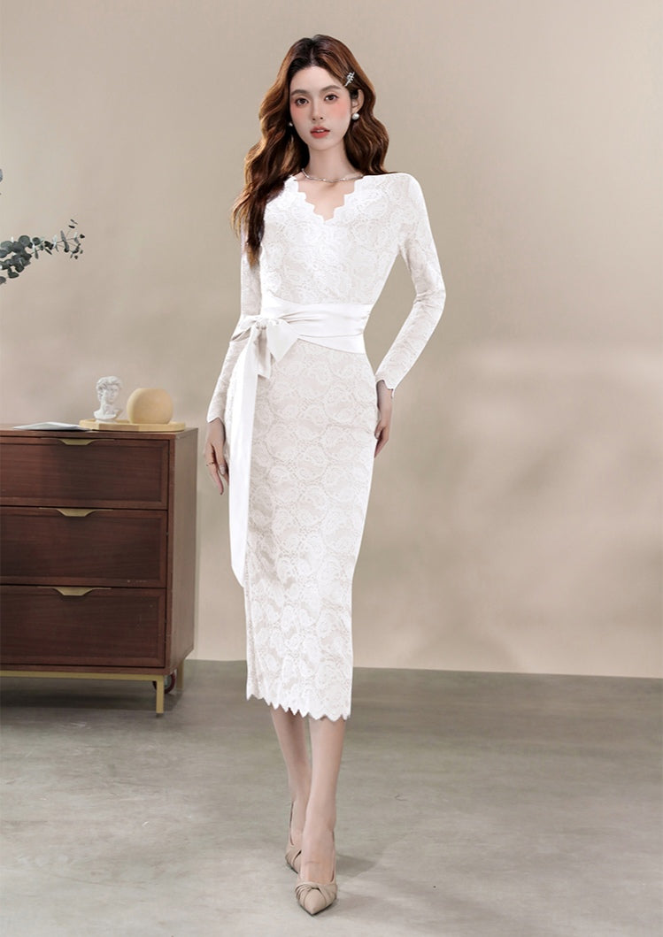 Elegant Cocktail Lace Sheath Dress with V-Neck and Sash Belt
