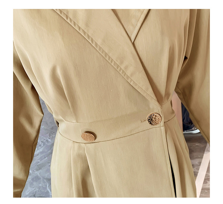 Khaki A-Line Trench Coat with Waist Belt Double Breasted Mid-Length Windbreaker