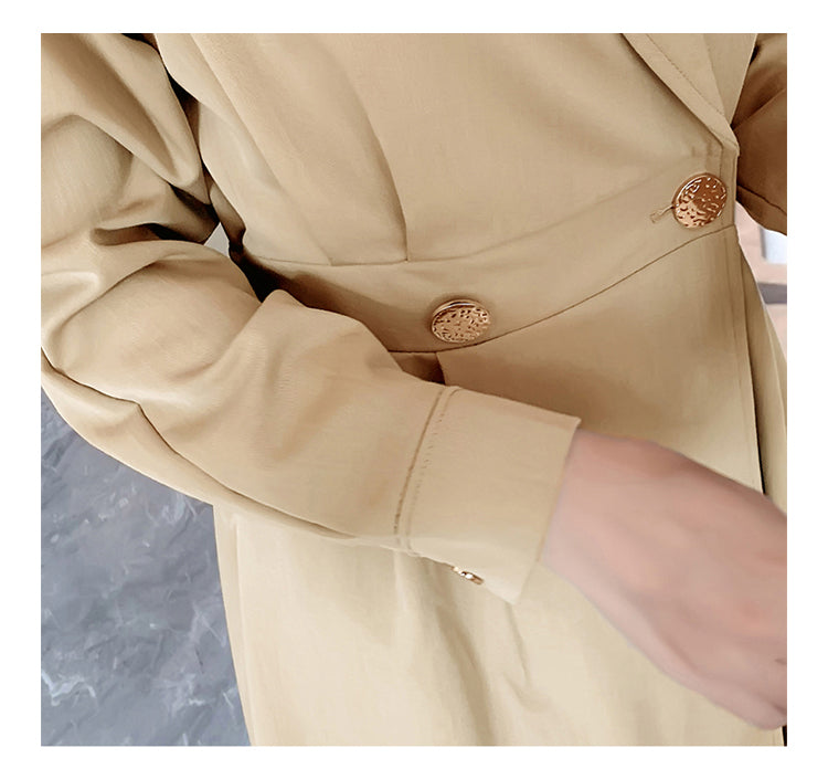 Khaki A-Line Trench Coat with Waist Belt Double Breasted Mid-Length Windbreaker