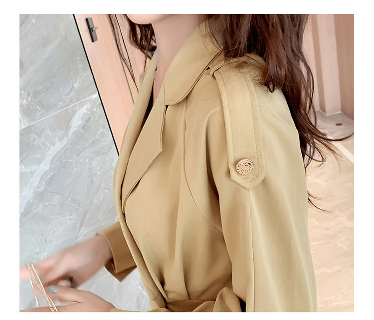 Khaki A-Line Trench Coat with Waist Belt Double Breasted Mid-Length Windbreaker