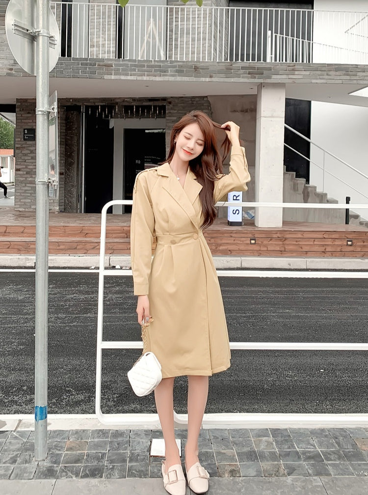 Khaki A-Line Trench Coat with Waist Belt Double Breasted Mid-Length Windbreaker