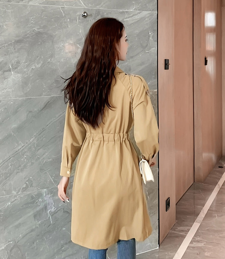 Khaki A-Line Trench Coat with Waist Belt Double Breasted Mid-Length Windbreaker