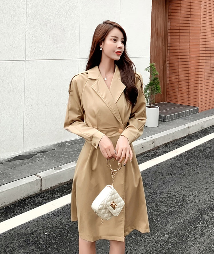 Khaki A-Line Trench Coat with Waist Belt Double Breasted Mid-Length Windbreaker