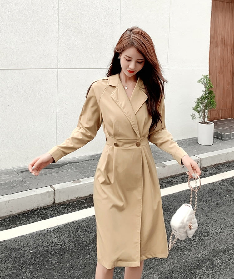 Khaki A-Line Trench Coat with Waist Belt Double Breasted Mid-Length Windbreaker