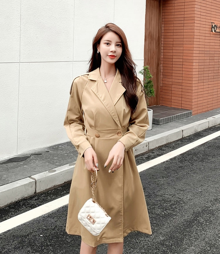 Khaki A-Line Trench Coat with Waist Belt Double Breasted Mid-Length Windbreaker