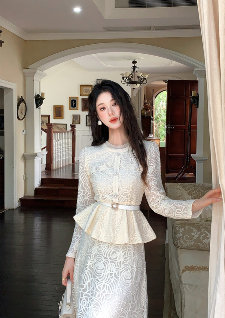 Elegant Floral Lace Matching Top & Skirt Outfit