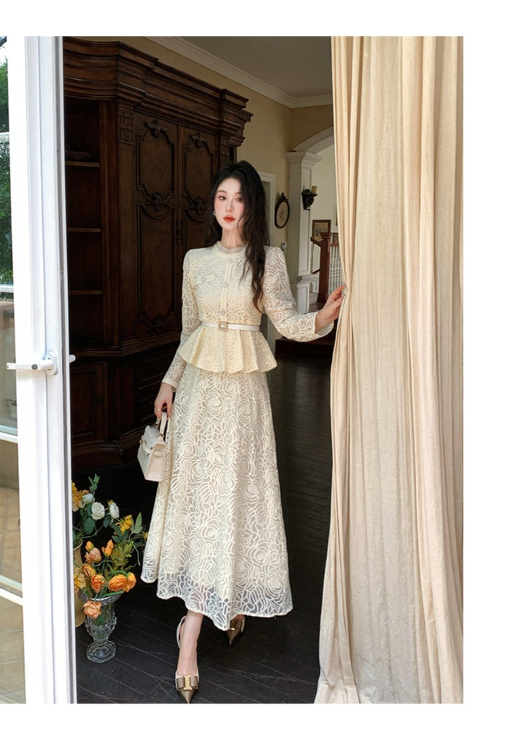 Elegant Floral Lace Matching Top & Skirt Outfit