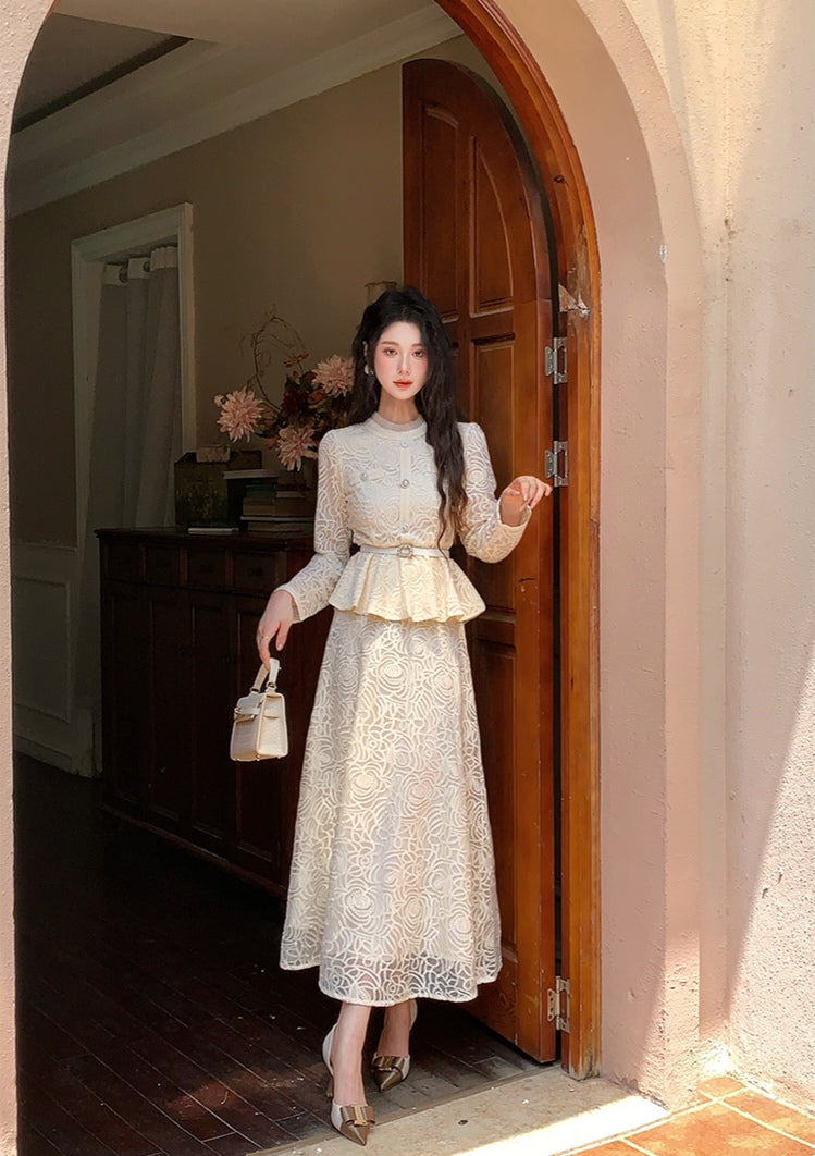 Elegant Floral Lace Matching Top & Skirt Outfit