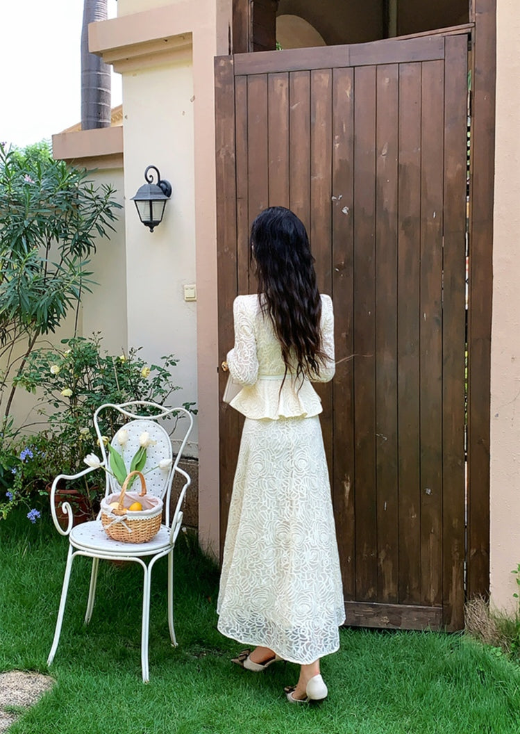 Elegant Floral Lace Matching Top & Skirt Outfit