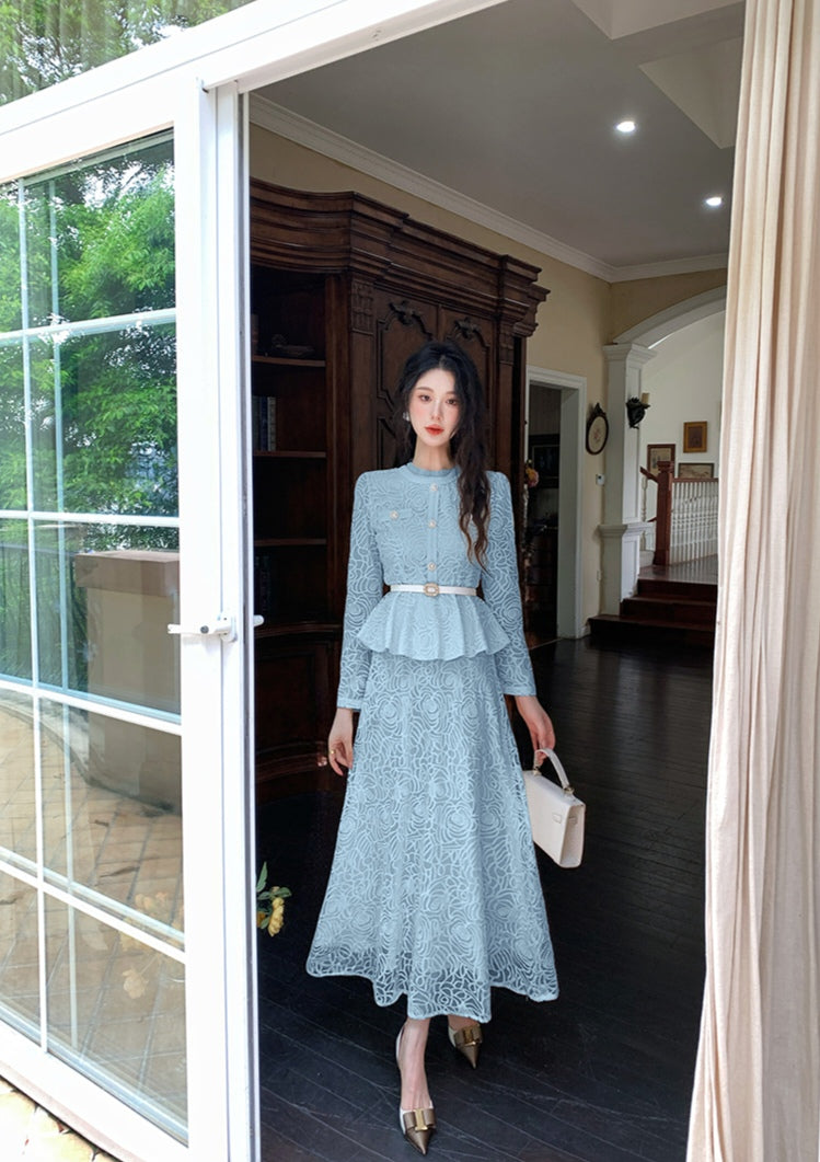 Elegant Floral Lace Matching Top & Skirt Outfit
