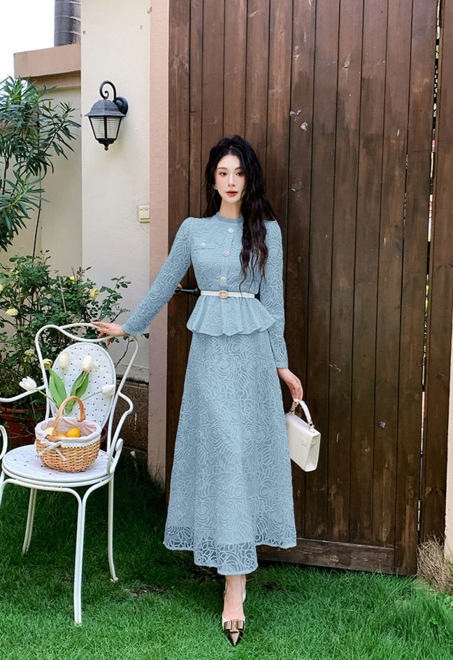 Elegant Floral Lace Matching Top & Skirt Outfit