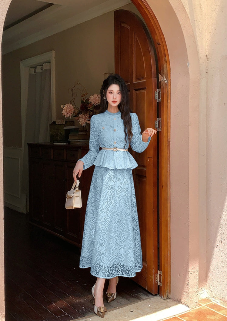 Elegant Floral Lace Matching Top & Skirt Outfit