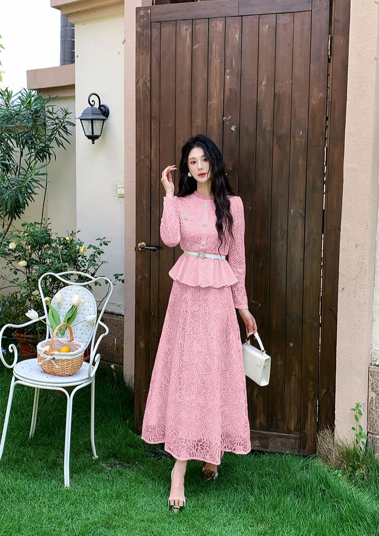 Elegant Floral Lace Matching Top & Skirt Outfit