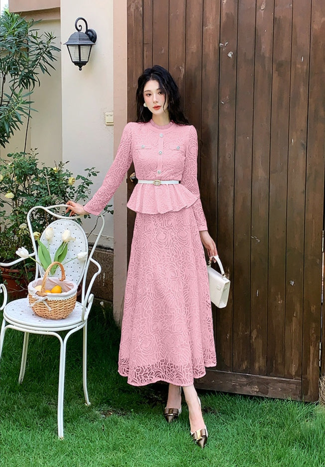 Elegant Floral Lace Matching Top & Skirt Outfit