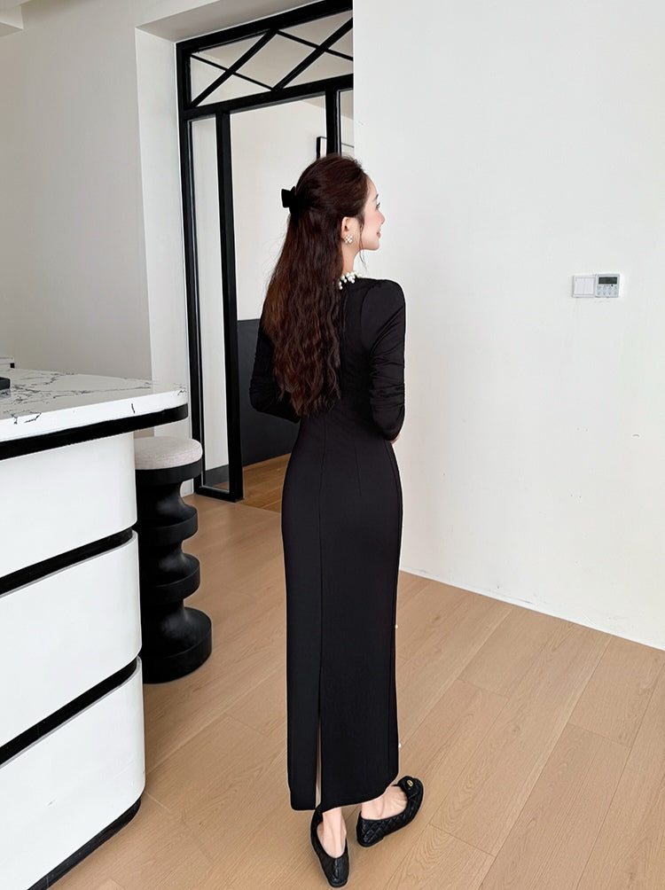 Long Sleeve Black Midi Dress with Faux Pearl Embellishment