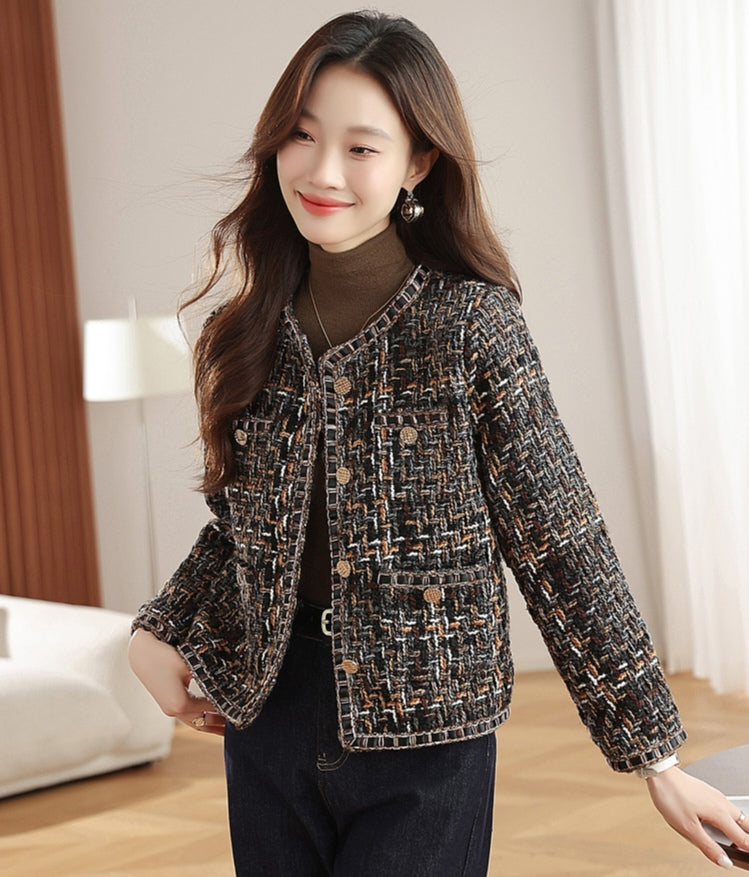 Women's Tweed Bouclé Crop Jacket - Vintage Brown Mix