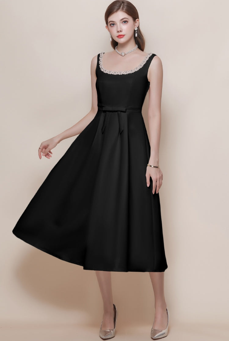 Women's Black Cocktail Dress with Pearl Trim
