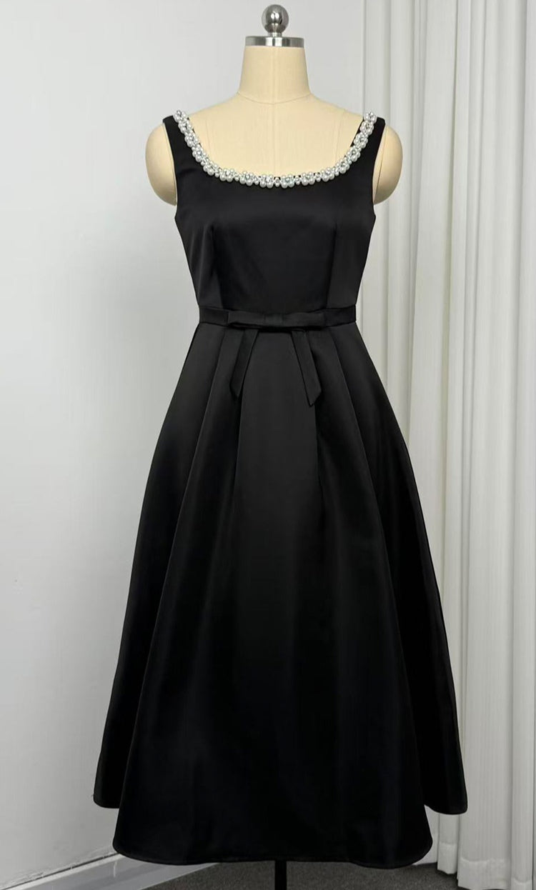 Women's Black Cocktail Dress with Pearl Trim