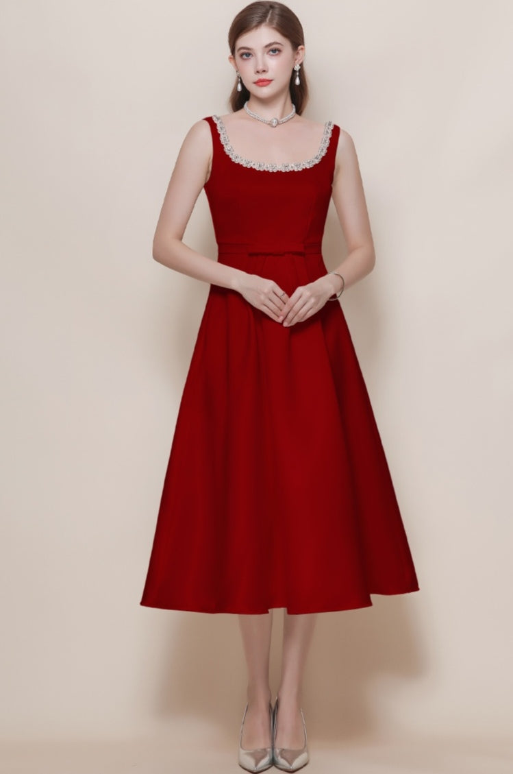 Women's Burgundy Cocktail Dress with Pearl Trim