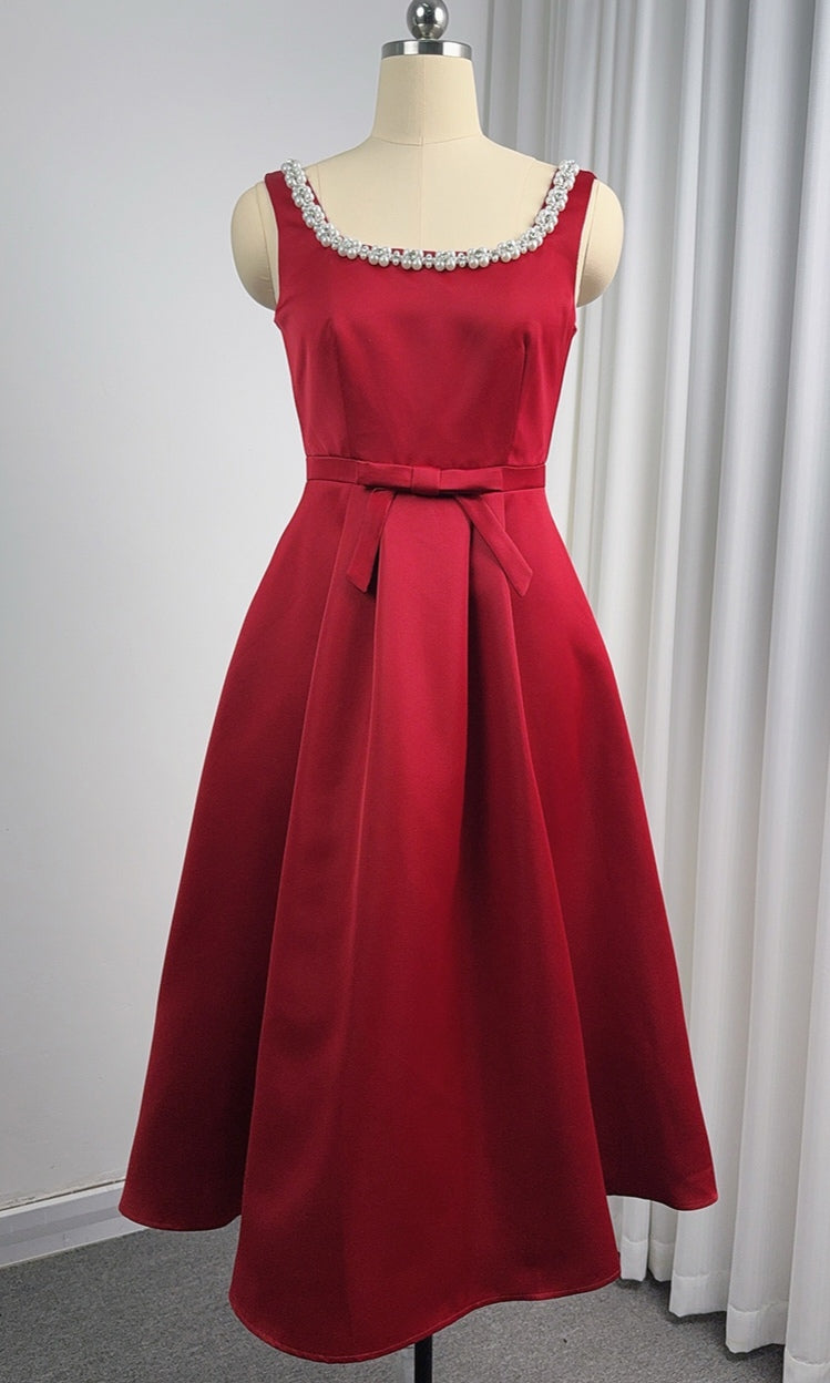Women's Burgundy Cocktail Dress with Pearl Trim
