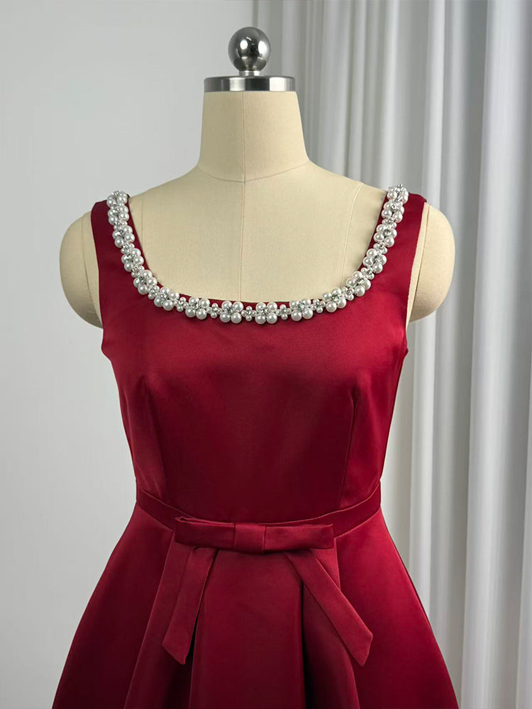 Women's Burgundy Cocktail Dress with Pearl Trim