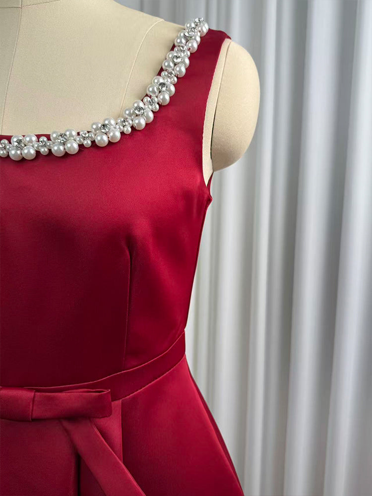 Women's Burgundy Cocktail Dress with Pearl Trim