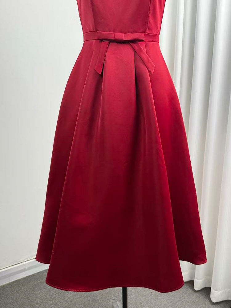 Women's Burgundy Cocktail Dress with Pearl Trim