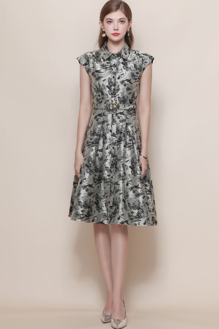 Elegant Taffeta Toile Print Cocktail Dress - Collared A-Line Midi