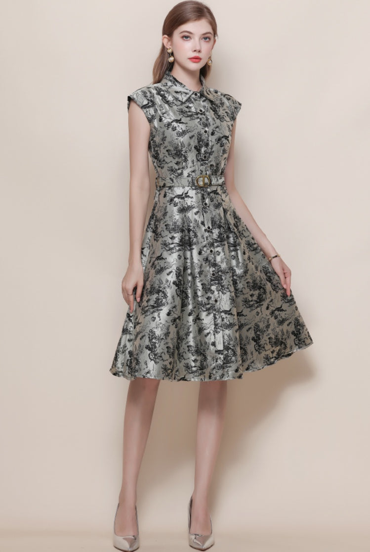 Elegant Taffeta Toile Print Cocktail Dress - Collared A-Line Midi