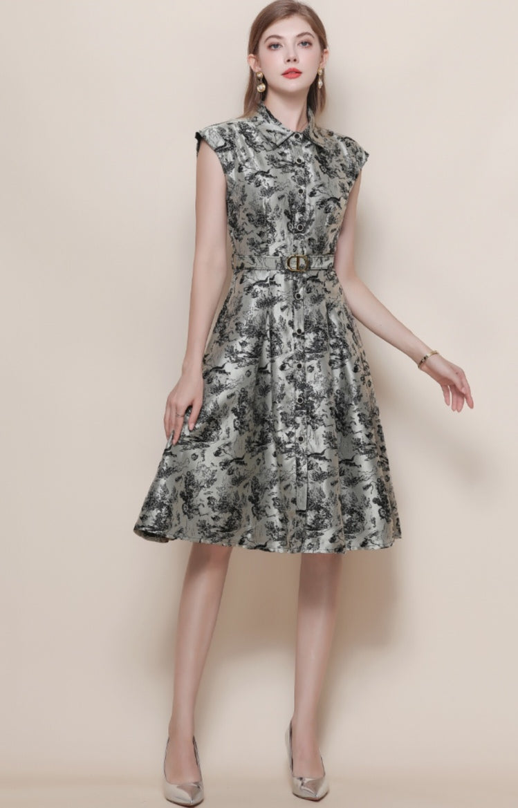 Elegant Taffeta Toile Print Cocktail Dress - Collared A-Line Midi