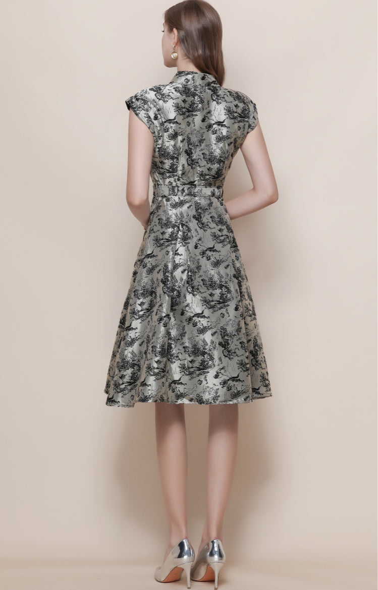 Elegant Taffeta Toile Print Cocktail Dress - Collared A-Line Midi