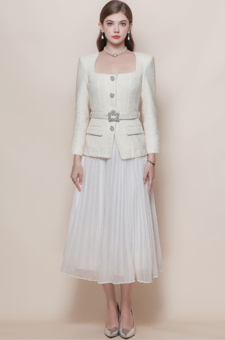 Tweed-Look Square-Neck Pleated Midi Dress